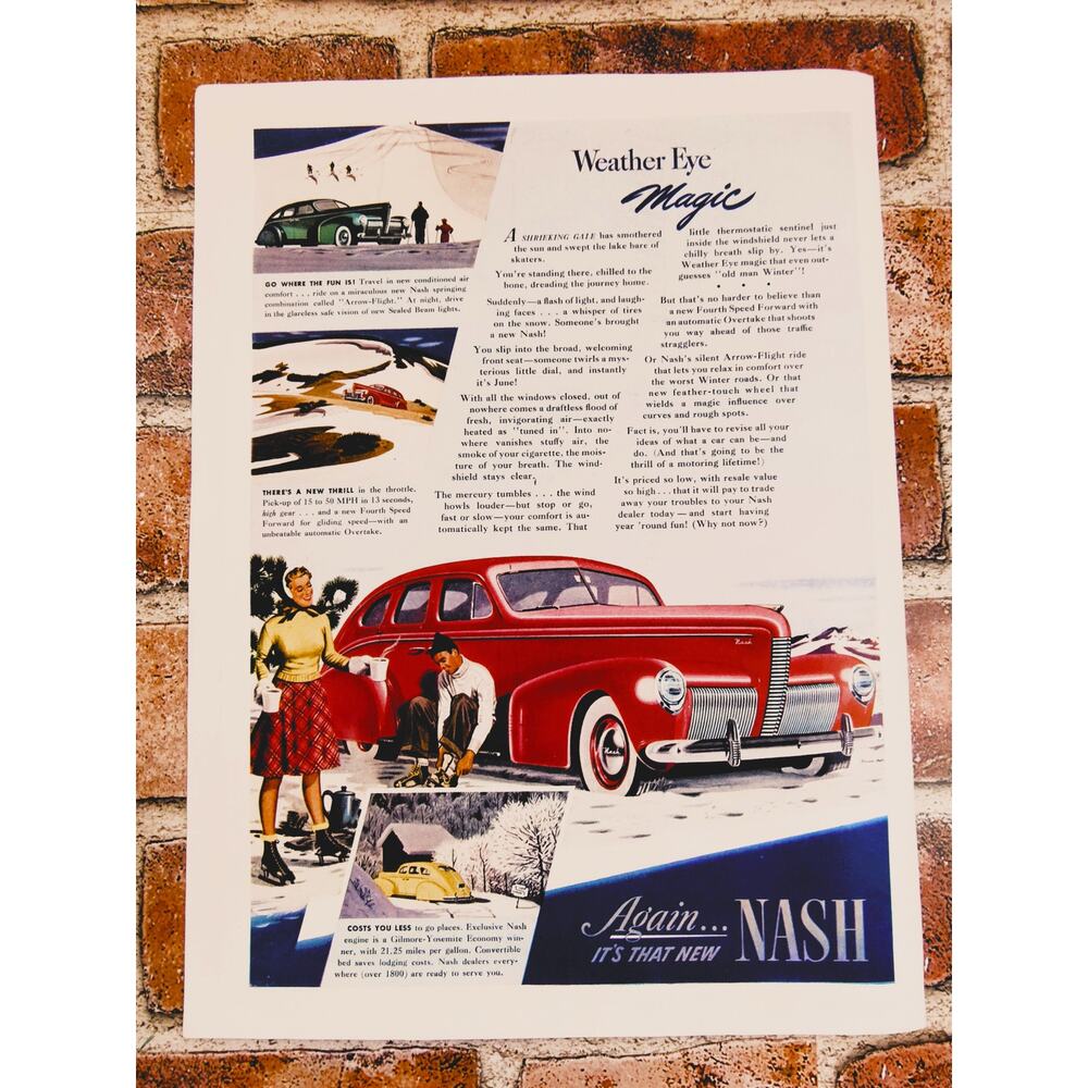 1940 Vintage Nash Red Car Print Ad with Couple Ice Skating on Pond 21.25mpg